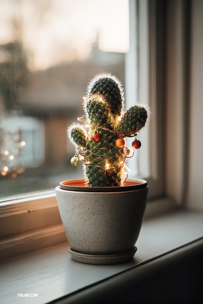 Small indoor cactus in a simple pot decorated with warm fairy lights and tiny baubles, sitting on a windowsill as a festive alternative to a Christmas tree.