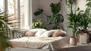 A dark bedroom with no light and house plants that thrive in pots and plant stands