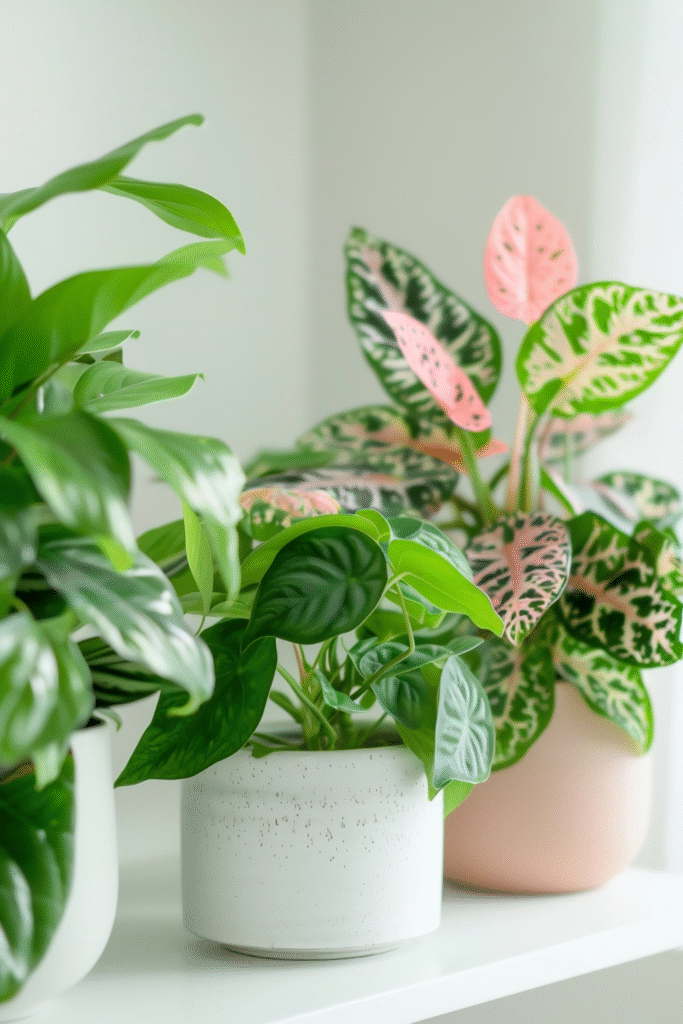 indoor plant styling photo, wide-angle view of a small white shelf with three indoor plants grouped together- pink syngonium, and pothos