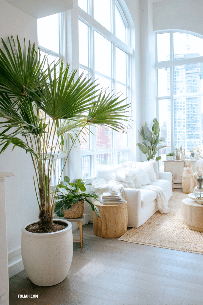 large Chinese Fan Palm (Livistona chinensis) houseplant in a stylish pot on the floor
