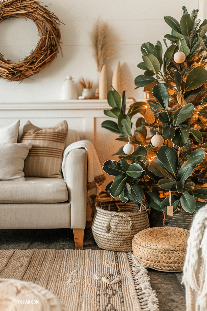 Rubber plant decorated as a Christmas tree with string lights and ornaments, placed beside a cozy sofa and natural woven d&eacute;cor in a warm, neutral-toned living room.