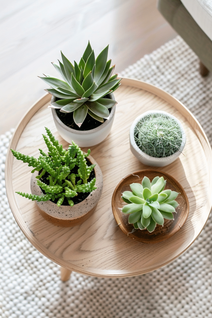 modern round coffee table styled with three small indoor plants in natural ceramic pots