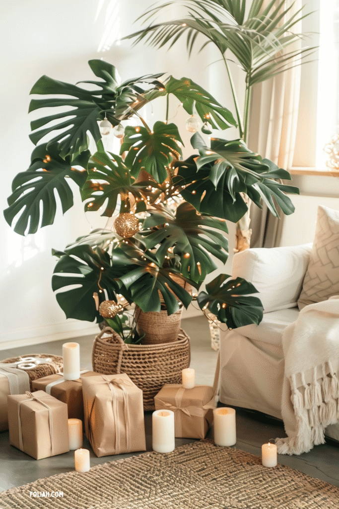 Monstera deliciosa styled as a Christmas tree with fairy lights, hanging ornaments, wicker basket planter, and wrapped gifts with candles placed around the base.