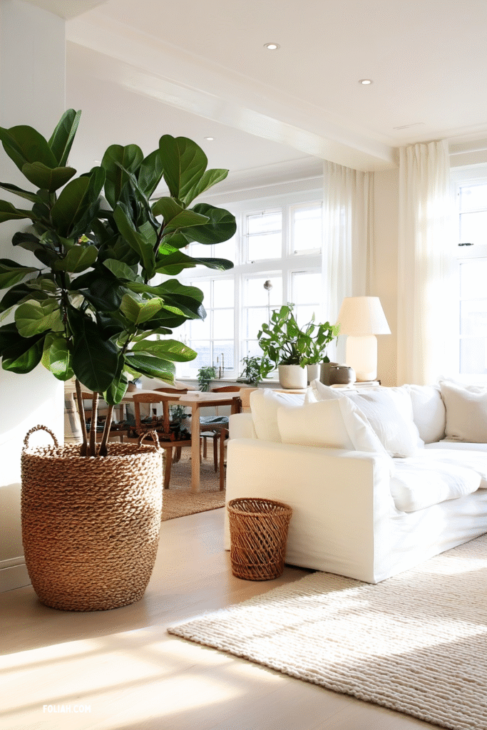 open-plan Scandinavian living room, large Rubber Plant (Ficus elastica) houseplant in a big cane basket, a few smaller houseplants nearby