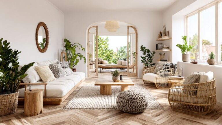 open-plan living room, Earthborn Elegance style, modern boho decor, natural textures, ZZ plant (zamioculcas zamiifolia)