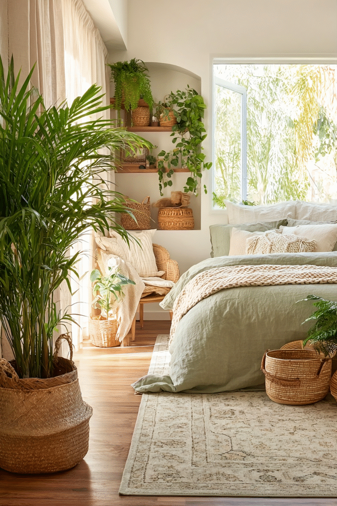 9 Best Indoor Plants for a Cozy Boho Bedroom 7 at Foliah Parlor palm in woven basket beside bed with sage green bedding, cozy boho bedroom with plants in bedroom and natural daylight
