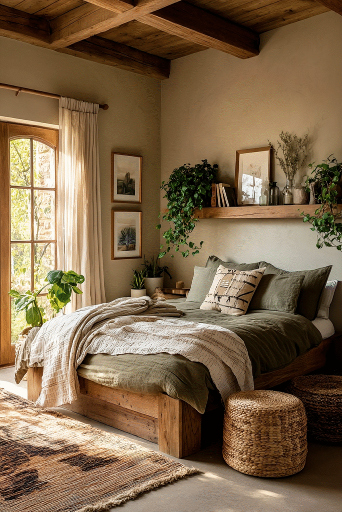 9 Best Indoor Plants for a Cozy Boho Bedroom 10 at Foliah Philodendron Brasil trailing from wooden shelf above bed, cozy boho bedroom with olive bedding and indoor plants home decor