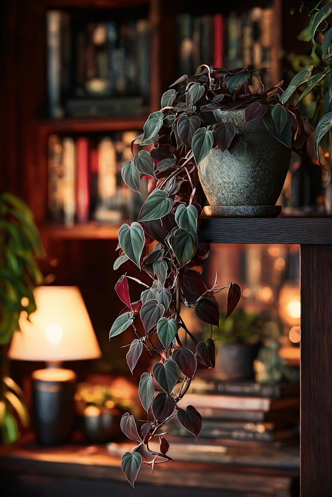 Philodendron micans with velvety green and burgundy trailing leaves in a ceramic pot, styled in a warm low light room with bookshelves and house plants decor