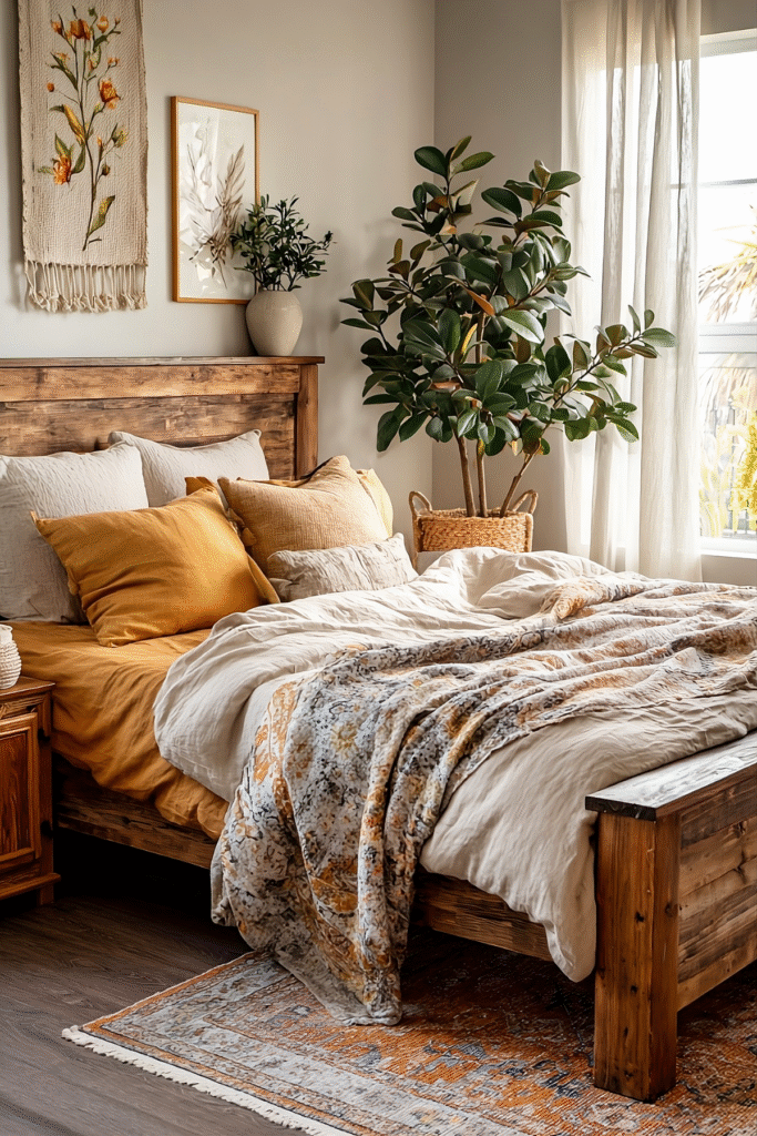 9 Best Indoor Plants for a Cozy Boho Bedroom 9 at Foliah Rubber plant in woven basket beside bed, cozy boho bedroom with mustard bedding, patterned throw, and indoor plants styling