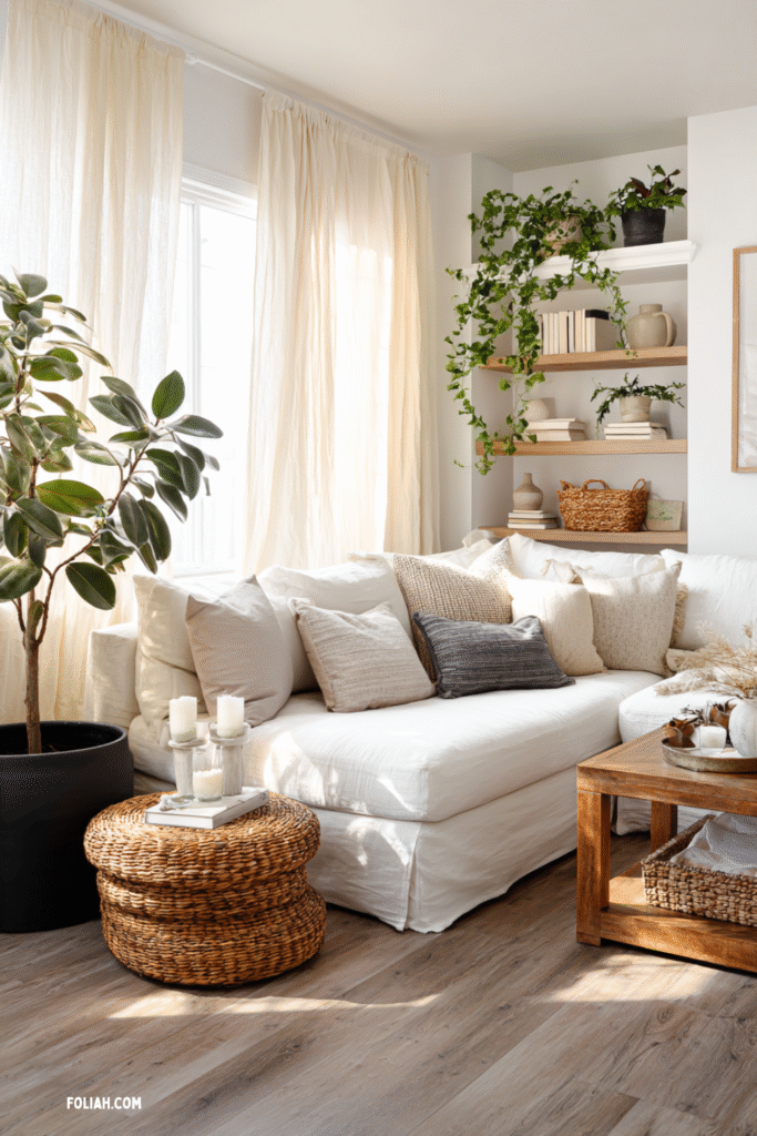 A bright Earthborn Elegance living room featuring a white sectional sofa layered with neutral cushions, a tall rubber plant in a matte charcoal pot, trailing houseplants on wall shelves, and soft natural light filtering through sheer curtains, creating a warm, airy atmosphere.