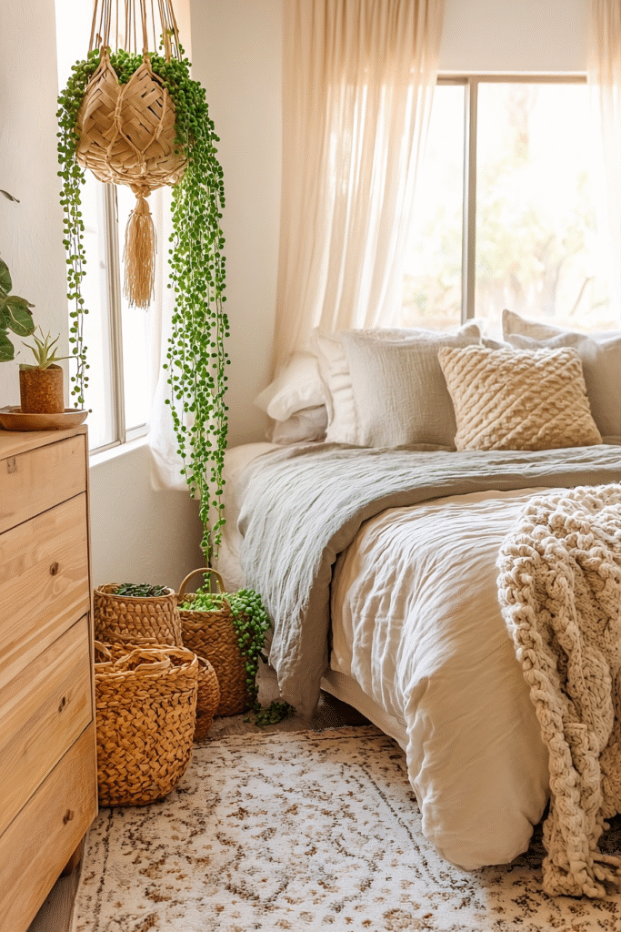 9 Best Indoor Plants for a Cozy Boho Bedroom 8 at Foliah String of pearls plant in woven hanging basket beside bed, cozy boho bedroom with cream bedding and indoor plants styling