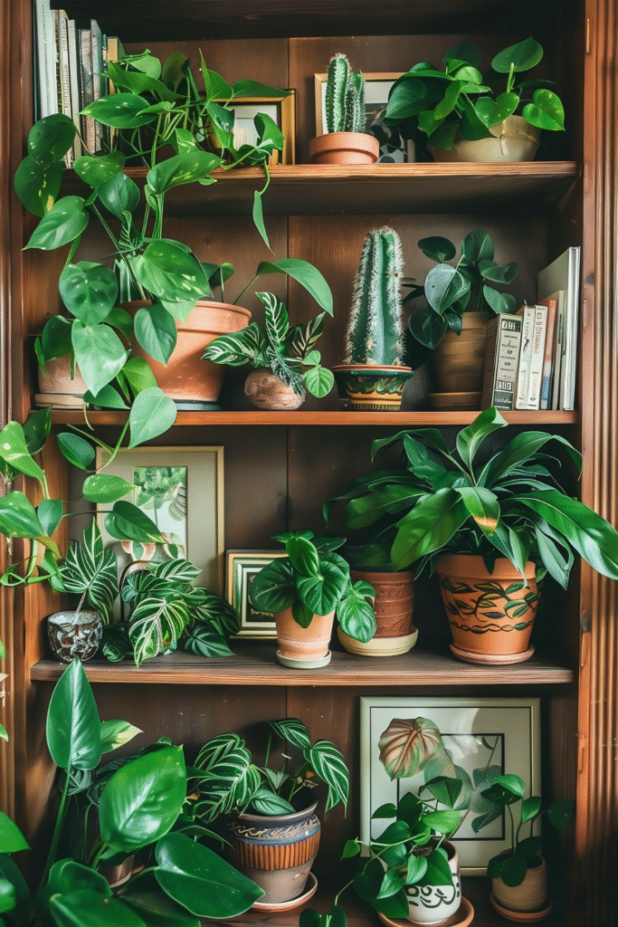 Cozy boho bookshelf with indoor houseplants including pothos, cacti, and succulents
