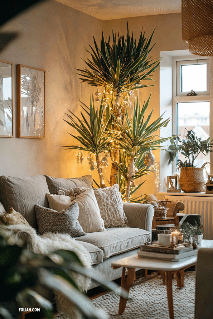 Yucca houseplant decorated with string lights and ornaments, styled as an alternative Christmas tree in a cozy living room with neutral decor and natural textures.