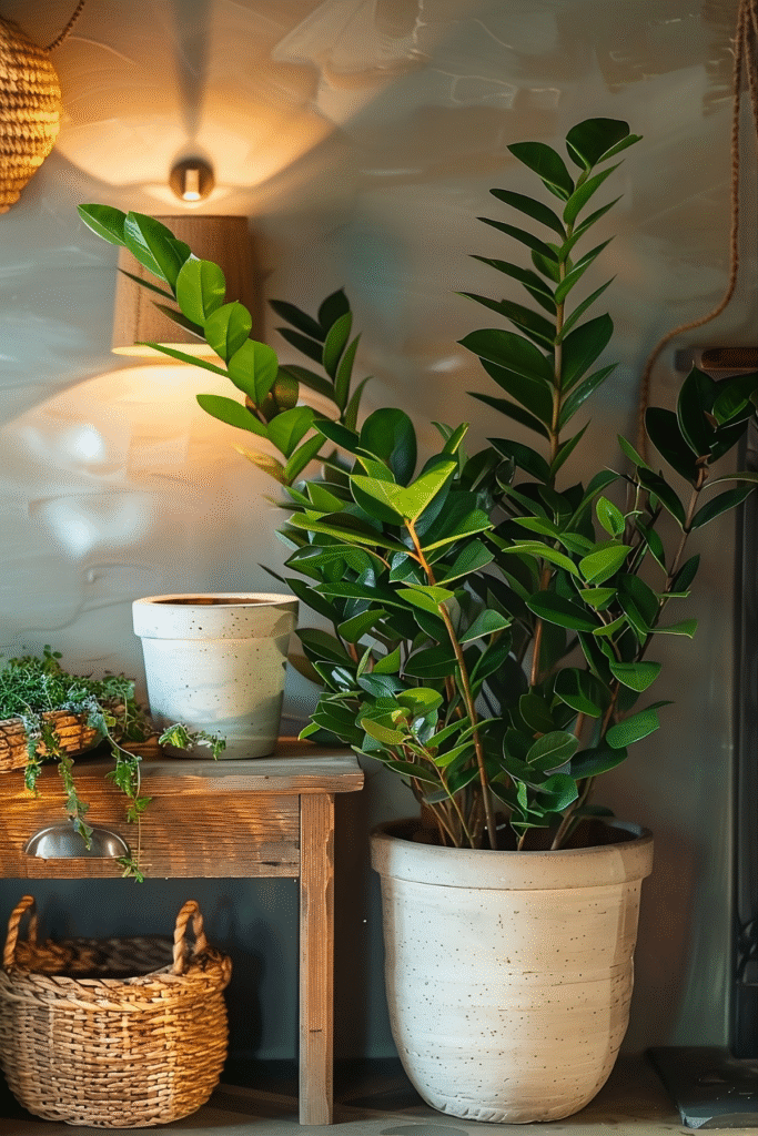 Large ZZ plant in a ceramic pot beside a wooden console table in a dark, low light hallway, styled with baskets and house plants decor