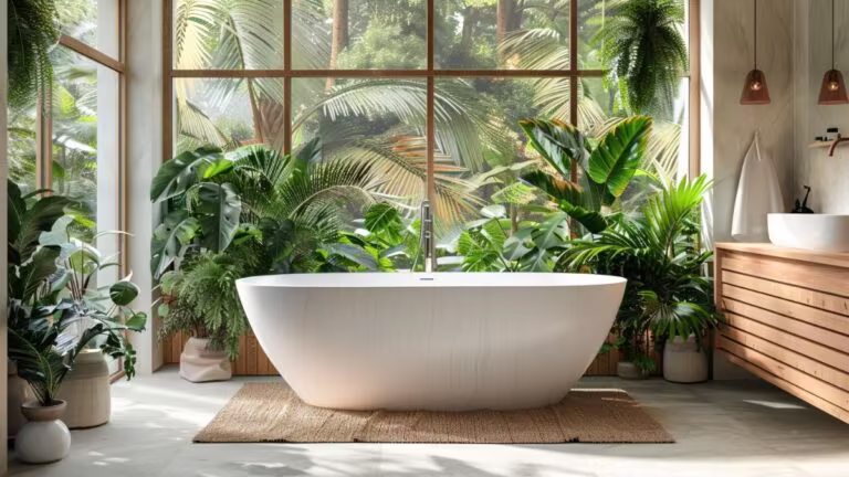 Jungle bathroom with house plants