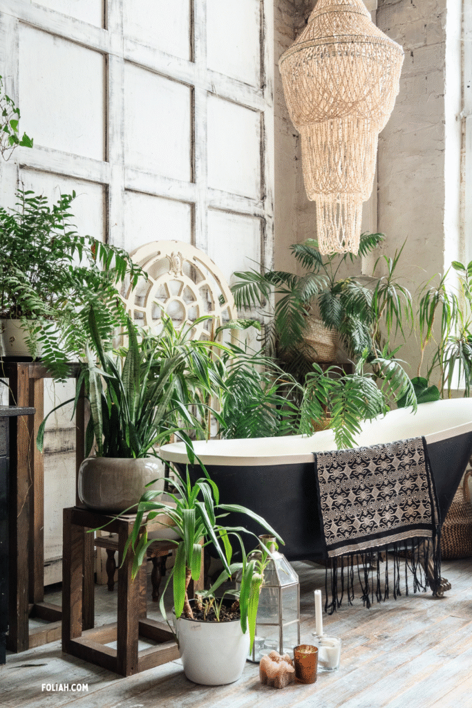 Bathroom with a black-and-white clawfoot tub surrounded by palms, ferns, and snake plants, styled with a woven chandelier, rustic wall panel, and boho-inspired accents.