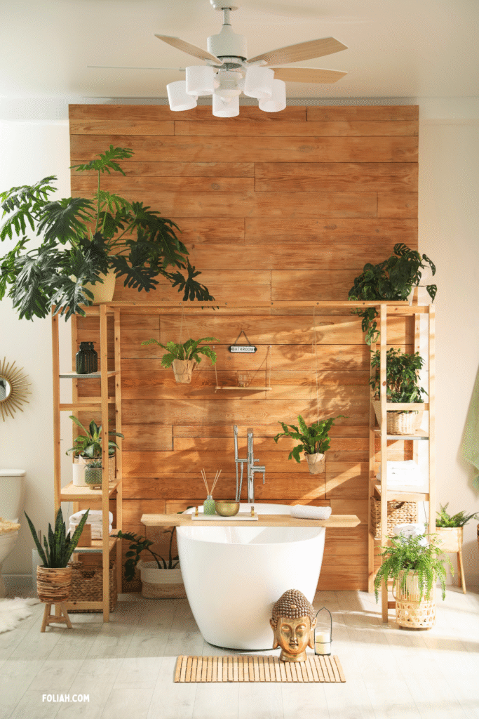 Bathroom with a white freestanding tub set against a wooden feature wall, surrounded by houseplants including ferns, philodendron, and snake plants, with shelving, baskets, and hanging planters for a cozy jungle look.