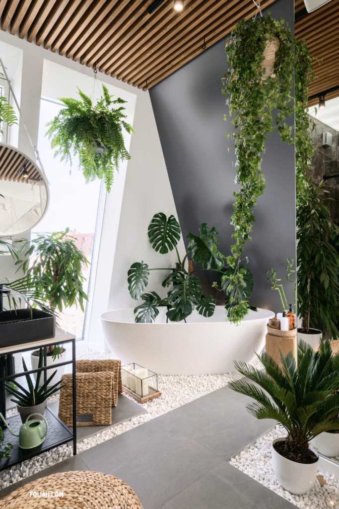 Modern bathroom with a white freestanding tub surrounded by monstera, ivy, ferns, and palms, styled with wicker stools, wood accents, and pebble flooring for a jungle-inspired look.