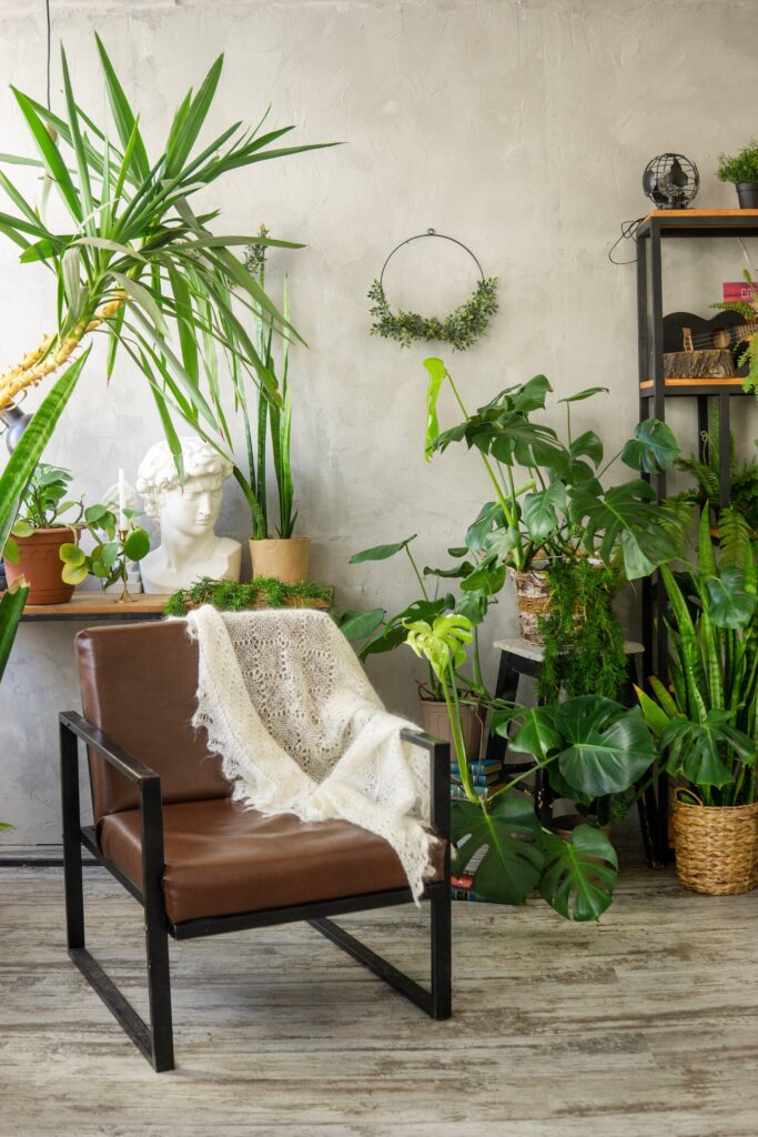 A small apartment corner styled with indoor plants, including monstera, snake plant, and potted greenery arranged on the floor, shelves, and stools beside a chair.
