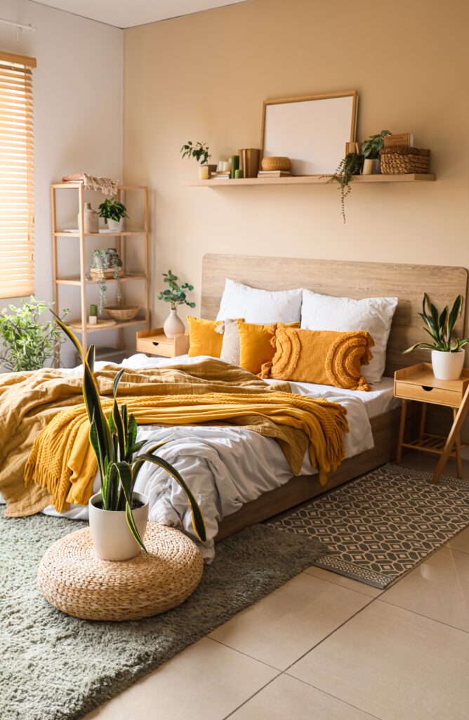 Bedroom with plants placed throughout the room, including floor plants, shelf plants, and bedside greenery for a balanced layout.