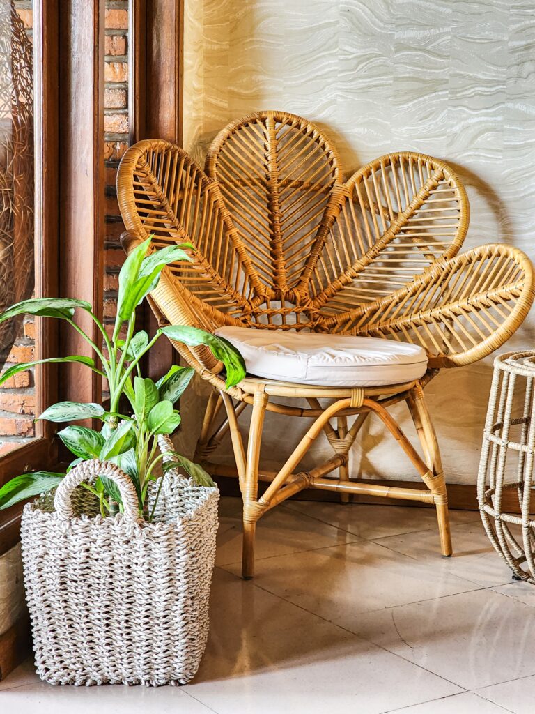 Corner with a rattan chair and a leafy indoor plant in a woven basket, creating a simple and relaxed plant corner.