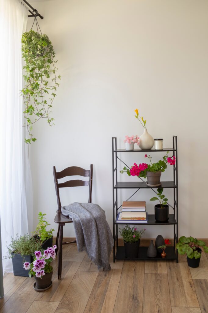 Minimal corner with a hanging plant, small potted plants on the floor, and a shelf styled with greenery and decor pieces.