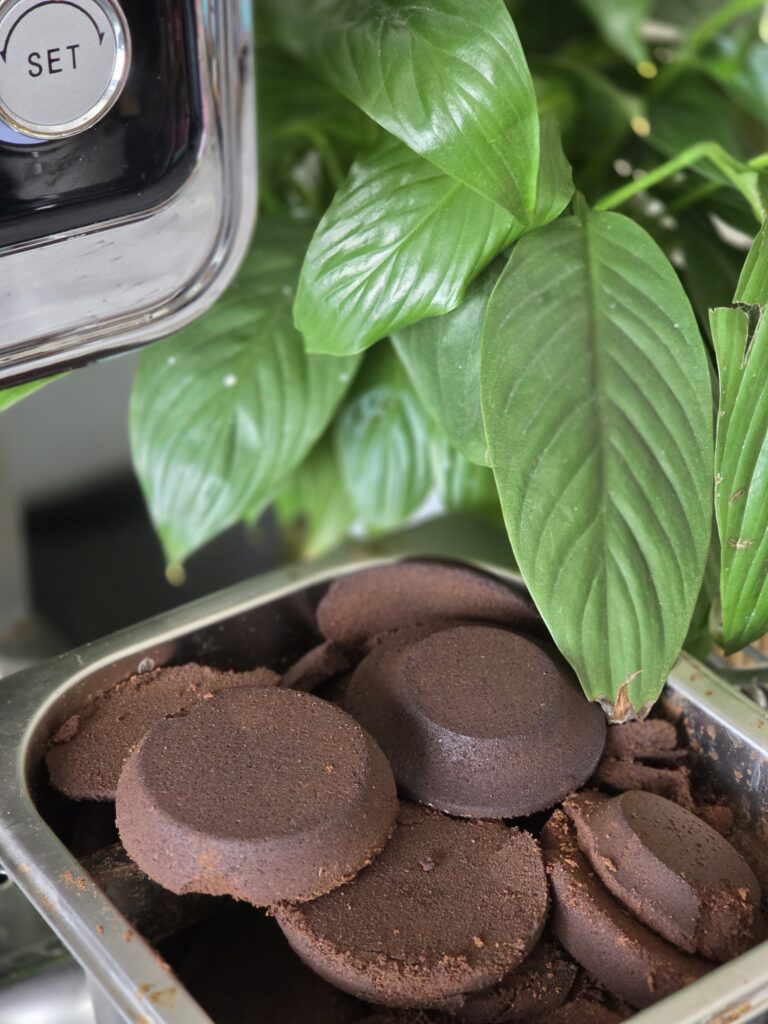 A container filled with wet coffee grounds. The surface texture shows dark brown organic particles, slightly crumbly and moist. Ideal for concepts related to recycling, organic fertilizer